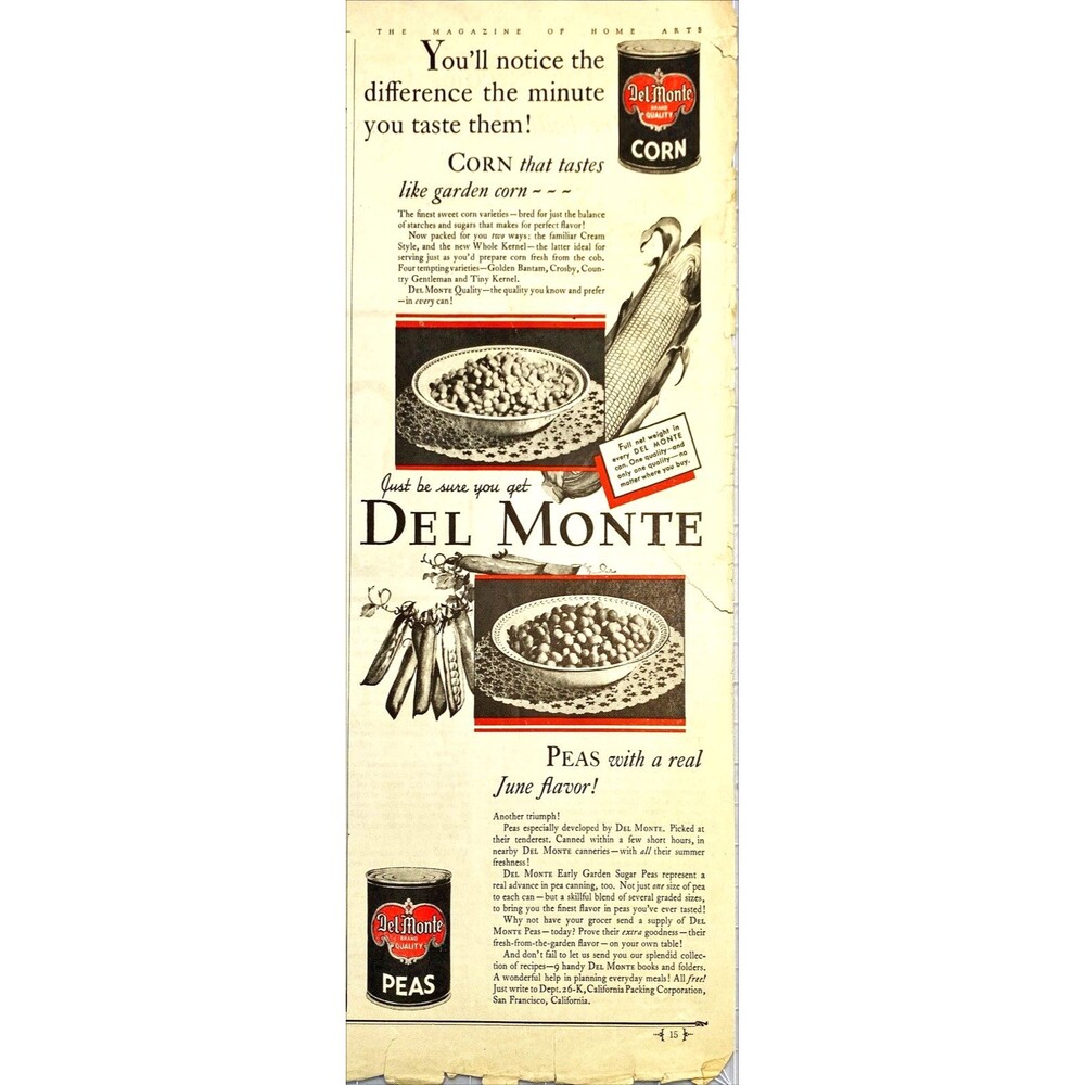 Del Monte Canned Corn and Peas "You'll Notice the Difference" Vtg Print Ad 1931